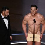TV host Jimmy Kimmel (L) looks on as US actor John Cena (R) presents the award for Best Costume Design onstage during the 96th Annual Academy Awards at the Dolby Theatre in Hollywood, California on March 10, 2024.,Image: 855670959, License: Rights-managed, Restrictions: , Model Release: no, Credit line: Patrick T. Fallon / AFP / Profimedia